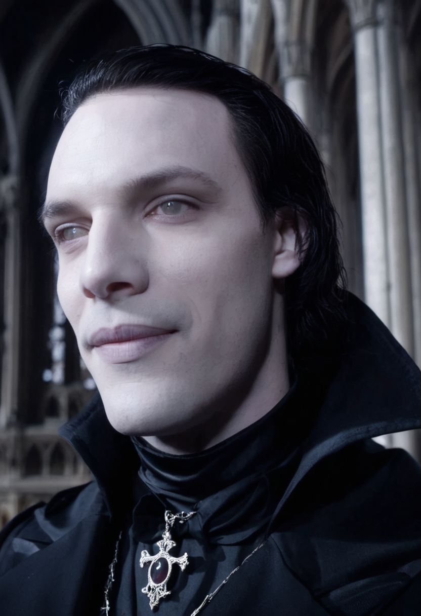 cinematic film still close-up of a deathly pale vampire man smiling, dark hair, wearing black victorian suit and cape, standing in a gothic cathedral <lora:corpse:1>