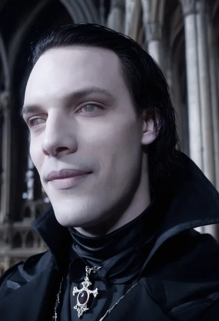 cinematic film still close-up of a deathly pale vampire man smiling, dark hair, wearing black victorian suit and cape, standing in a gothic cathedral <lora:corpse:1>