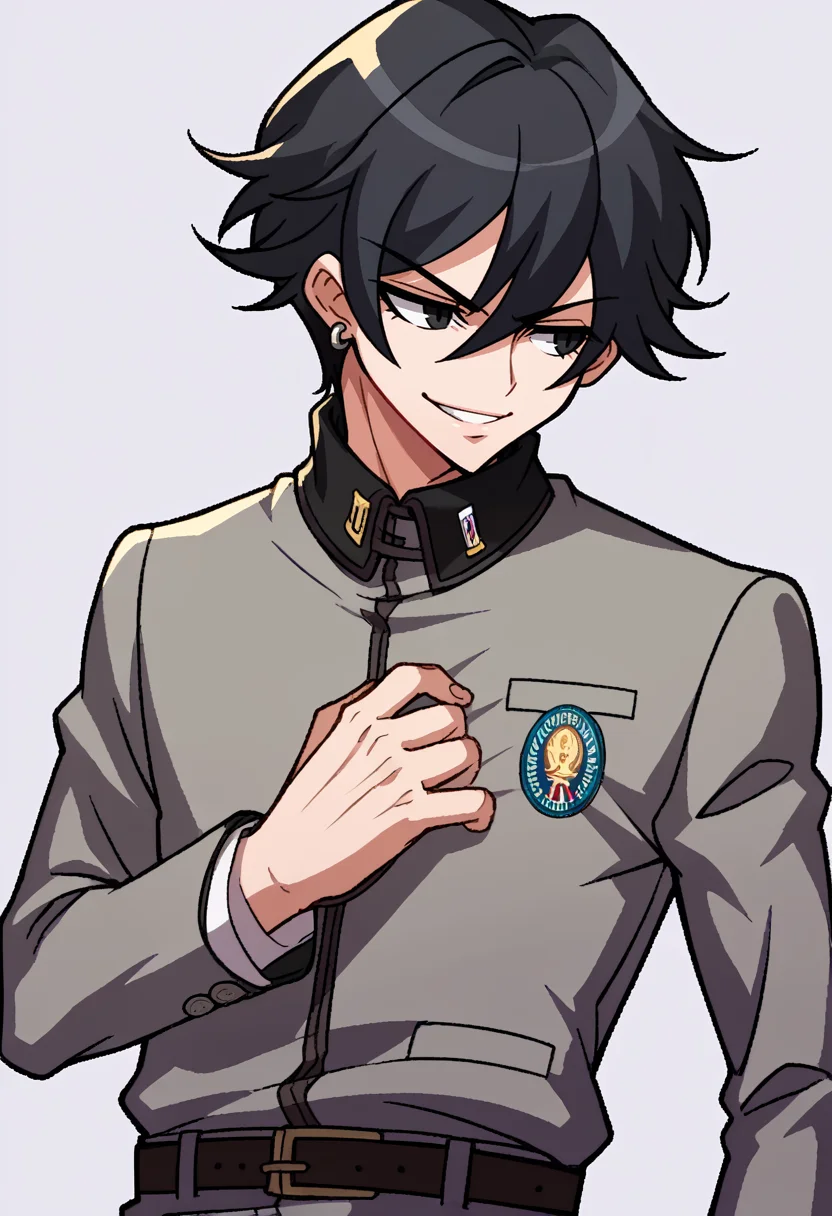 score_9, score_8_up, score_7_up, source_anime, BREAK, solo, 1boy, smirk, <lora:Under-Night-In-Birth-Portraits-pdxl_Fp:1>, simple background, looking to the side, <lora:Naoya-pdxl_Fp:1>, naoyap1, school uniform, grey pants, single earring, emblem, black hair, black eyes, short hair,