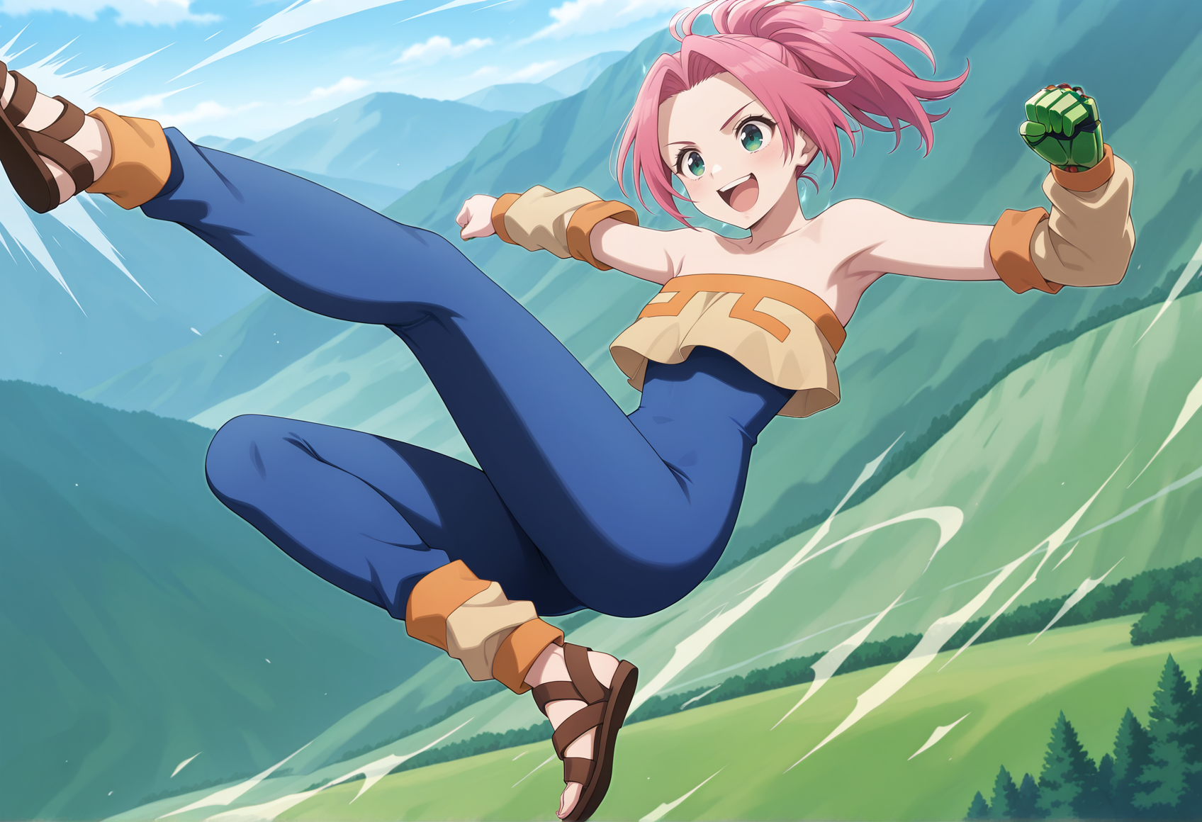 anime screencap, anime coloring, 1girl, long hair, pink hair, ponytail, green eyes eyes, tube top, bodysuit under clothes, arm warmers, single mechanical arm, aura, flaming kick, jumping kick, sandals, outdoors, valley, open mouth, smile, incoming attack,   <lora:noa_legaia:1>, masterpiece, best quality, amazing quality, very aesthetic, absurdres, highres, newest