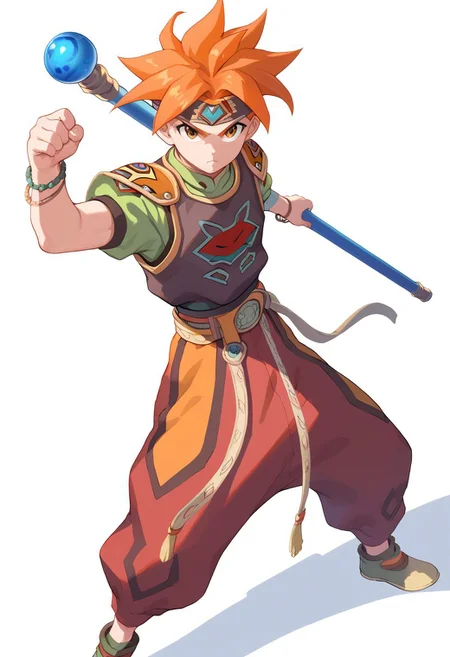score_9, score_8_up, score_7_up,terranigmark, spiky orange hair, pauldrons with faces, jeweled headband, print shirt, green sleeves, bracelets, belt with dangling straps, red baggy pants, shoes, holding bo staff (((action pose)))