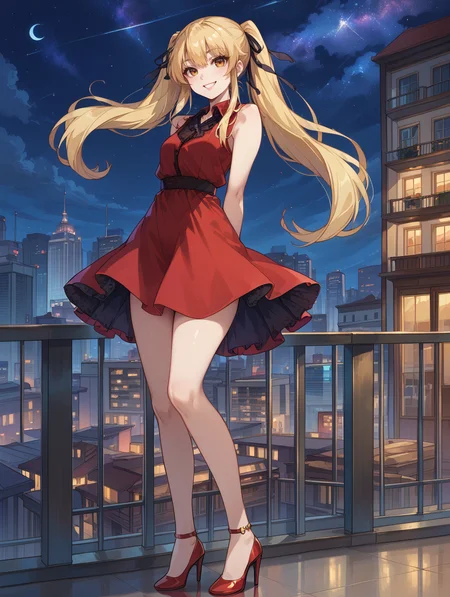 score_9, score_8_up, score_7_up,source_anime,BREAK, Saotome_mary,
standing, red dress, sleeveless, short dress, high heels, arms behind back, looking at viewer, smile, night sky, city
<lora:Saotome_mary:1>