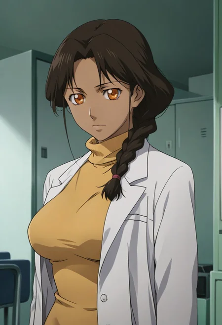 D4RK3RTH4NBL4CK, source_anime, artist style:Urushihara Satoshi, source_hentai, source_anime,1woman, looking at viewer, facing viewer, score_9, score_8_up, score_7_up, score_6_up, mina_kandaswami, BREAK, 1girl, solo, (mina_kandaswami), dark_skinned_female, dark_skin, bindi, ponytail, braid, turtleneck_sweater, yellow_sweater, labcoat, perfect face, perfect eyes, sexy, sexy girl, seductive, beautiful eyes, petite body, wide hips, large breasts, posing, dynamic angle, retro_artstyle