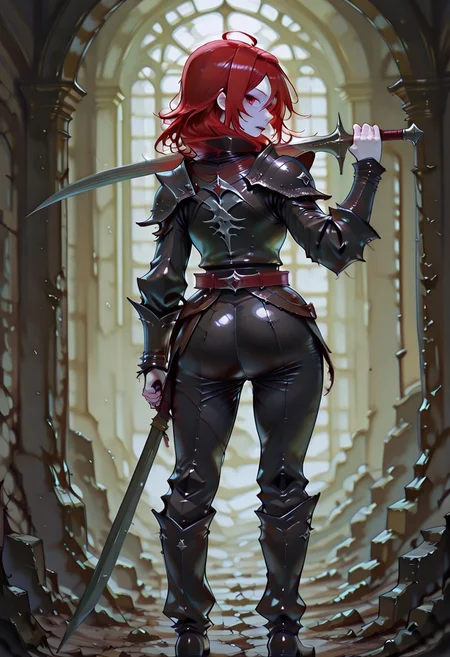 masterpiece, best quality, highres, absurdres, amazing quality, high resolution,
Red Eyes, Red Hair, pale skin, Black Medieval Armor, leather straps, full body coverage
curved blade
weapon over shoulder, from behind, holding weapon, looking back,
