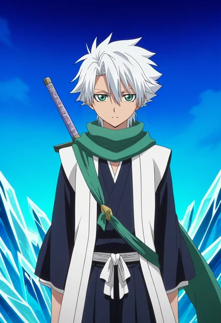 masterpiece, best quality, , anime screencap, , official style, looking at viewer, , 1boy, solo, male focus, <lora:toushirou_hitsugaya_ilxl:0.96>, toushirou_hitsugaya, white hair, green eyes, hair between eyes, scarf, , short hair, . sword, ice, bankai, ,