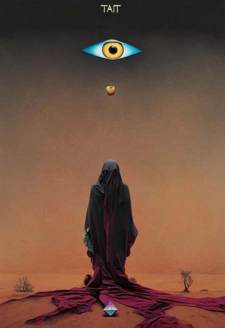 Tarot card design for the magician card with Robert Anton Wilson as the magician, in the desert with a pyramid in the background with an eye looking at the magician, mandala, golden Apple, dark vaporwave color palette, Perfect Hands, 3l3ctronics