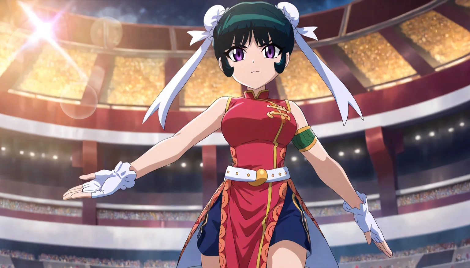 <lora:MFB_meimeiXLIllustrious002>,
masterpiece,best quality,good quality,newest,
outdoors,arena,glitter,lens_flare,
serious,
looking at viewer,
solo,
meimei,1girl,green hair,double bun,bun cover,hair ribbon,purple eyes,
red china dress,sleeveless,arm band,
white belt,
pelvic_curtain,shorts under dress,blue shorts,
fingerless gloves,white gloves,
upper body,
standing,