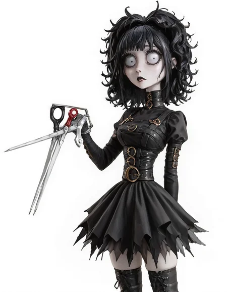 score_9, score_8_up,score_7_up, 1girl solo, standing, white background, looking at viewer, skindentation
BREAK <lora:Edward_Scissorhands_-_Bishoujo_Kotobukiya:0.6> Edward Scissorhands, Scissors, black hair, grey eyes, pale skin, sad, black lips, black clothes, boots, standing, thighhighs, from under
<lora:Expressive_H:0.8> Expressiveh <lora:TimBurtonXLP:1> tim burton, horror (theme), wide-eyed, portrait