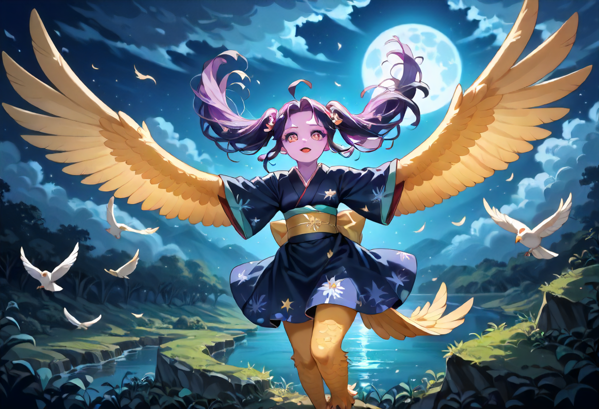best resolution,score_9,score_8_up,score_7_up,score_6_up,score_8,score_7,score_6,best quality,masterpiece,source_anime,1girl,solo,kawaii,cute,winged_arms,A majestic harpy with dark feathers and glowing red eyes,wearing black japanese kimono,flying soaring through a stormy night sky.moonlight, starlight, firelight,wise,moonlit night sky,wind,cowboy shot,focus on face,dynamic shot, Expressiveh,eyesHD,high gradient eyes,detailed eyes,high definition eyes, <lora:Eyes_High_Definition:0.25> <lora:Expressive_H:0.75> <lora:winged_arm_style:0.85>