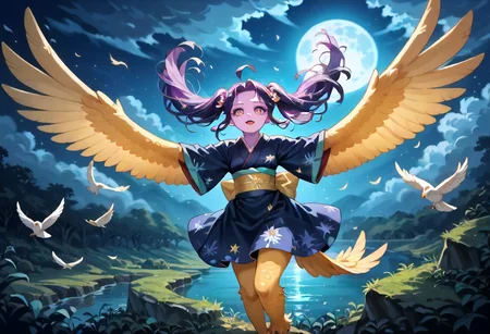best resolution,score_9,score_8_up,score_7_up,score_6_up,score_8,score_7,score_6,best quality,masterpiece,source_anime,1girl,solo,kawaii,cute,winged_arms,A majestic harpy with dark feathers and glowing red eyes,wearing black japanese kimono,flying soaring through a stormy night sky.moonlight, starlight, firelight,wise,moonlit night sky,wind,cowboy shot,focus on face,dynamic shot, Expressiveh,eyesHD,high gradient eyes,detailed eyes,high definition eyes, <lora:Eyes_High_Definition:0.25> <lora:Expressive_H:0.75> <lora:winged_arm_style:0.85>