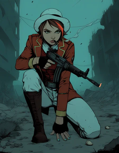 <lora:GTHAN-IL:0.5>, gthan, <lora:Sinozick_style:0.5>, sinozick_illu, comics, bold lines, vibrant colors, dramatic lighting, (masterpiece, best quality, ultra-detailed, absurdres, newest, detailed textures, correct anatomy:1), 1girl, solo, detailed_hands, elegant_fingers, <lora:Fiona-10:0.7>, fiona \(borderlands\), brown hair, green eyes, single red hair streak, eyebrow scar, white bowler hat, red jacket, red vest, turquoise nails, white pants, holding weapon, holding assault rifle, fingerless gloves, science fiction, dystopian, wasteland, shooting from cover, military action, shells on the ground, shells in the air, binematic lighting, depth of field, dynamic pose, dynamic angle, alert gaze, sneak, (dullet holes, aiming, on one knee, bullets whistling:1.3), (flame_burst_from_the_gun:1.3), post-apocalypse, debris, rubble, smoking gun, boots