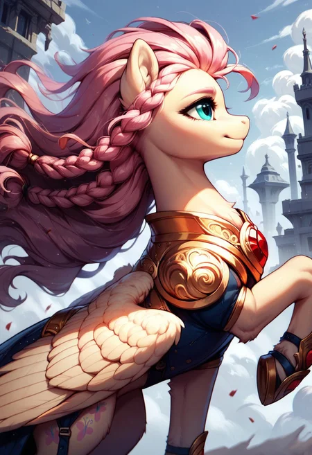 core_9, score_8_up, score_7_up, score_5_up, source_anime, (masterpiece, ultra-detailed, cinematic lighting), pony, Fluttershy, side profile, (dynamic pose), soft and feminine facial features, delicate and expressive amber eyes, long flowing pastel-pink hair braided elegantly, fluffy fur, (large elegant wings), wearing intricate golden armor with glowing red gem centerpiece, warm light reflecting on the armor, dramatic and regal pose, gloomy cityscape in the background with tall gray buildings, foggy and mysterious atmosphere, muted and soft color palette.