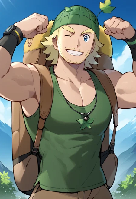 txt2img
score_9, score_8_up, score_7_up, source_anime, highly detailed, big pecs, male focus, 1boy, sideburns, dim lighting, standing, muscular arms, teeth, mountain, mountain on background, Expressiveh, flexing one arm, looking at viewer, wink 
POKEMON_hiker, muscular, muscular arms, leaves on headwear, blond hair, green beanie, green headwear, blue eyes, facial hair, leaves on shoulders, wrist strap, thick eyebrows, smile, collarbone
green tank top, brown backpack, brown shorts, brown shoes, black and grey straped socks, chest strap
pokemon