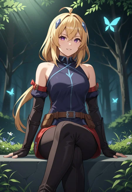 zPDXL3, score_9_up, score_8_up, score_7_up, (Anime_source), 1girl, Ines, purple eyes, blonde hair, long hair, low tie ponytail, parted lips, STANDING ON WHITE BACKGROUND, air_bow, red_bow, red_ribbon, bare_shoulders, elbow_gloves, belt, bet_pouch, fingerless_gloves, shirt, detached_sleeves, black_shorts, thigh_boots sitting_pose, hand_on_own_knee, hand_on_own_thigh, hand_on_own_chin, crossed_legs, looking_at_viewer, pout, slight_smile, light_blush, parted_lips, amaranth_forest, towering_trees, glowing_mist, bioluminescent_flowers, peaceful_wildlife, ethereal_light, mystical_vibes, tranquil_aura, vibrant_foliage, glowing_fog, magical_atmosphere, fantasy_nature, painterly_style