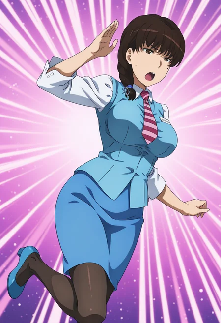 anime screencap, anime coloring, 1girl, solo, mature female <lora:DX888KomachiIL:1> takamiya komachi, mole under eye, brown eyes, brown hair, single braid,
office lady, necktie, uniform, pencil skirt, pantyhose BREAK simple background, purple background, sunburst background, BREAK, dutch angle, dynamic pose, posing, standing on one leg