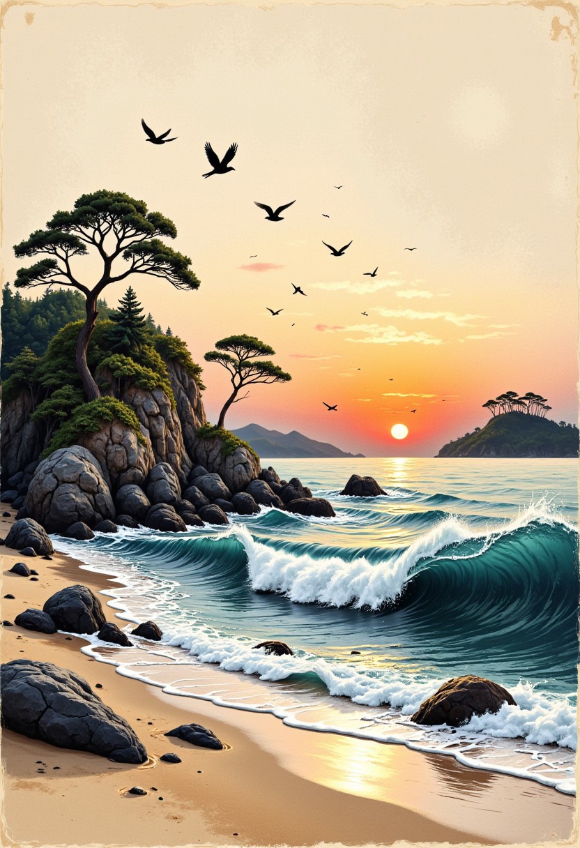 traditional japanese art style, ,rice paper, grunge, ink, watercolor, beach, sea, islands, waves, seabirds, sunset, wabi-sabi