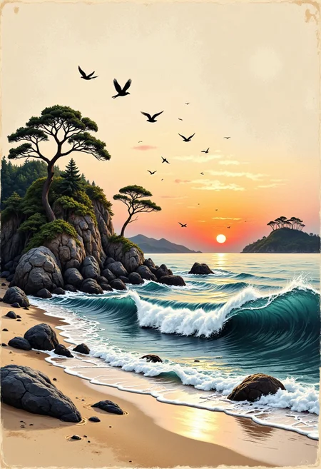 traditional japanese art style, ,rice paper, grunge, ink, watercolor, beach, sea, islands, waves, seabirds, sunset, wabi-sabi