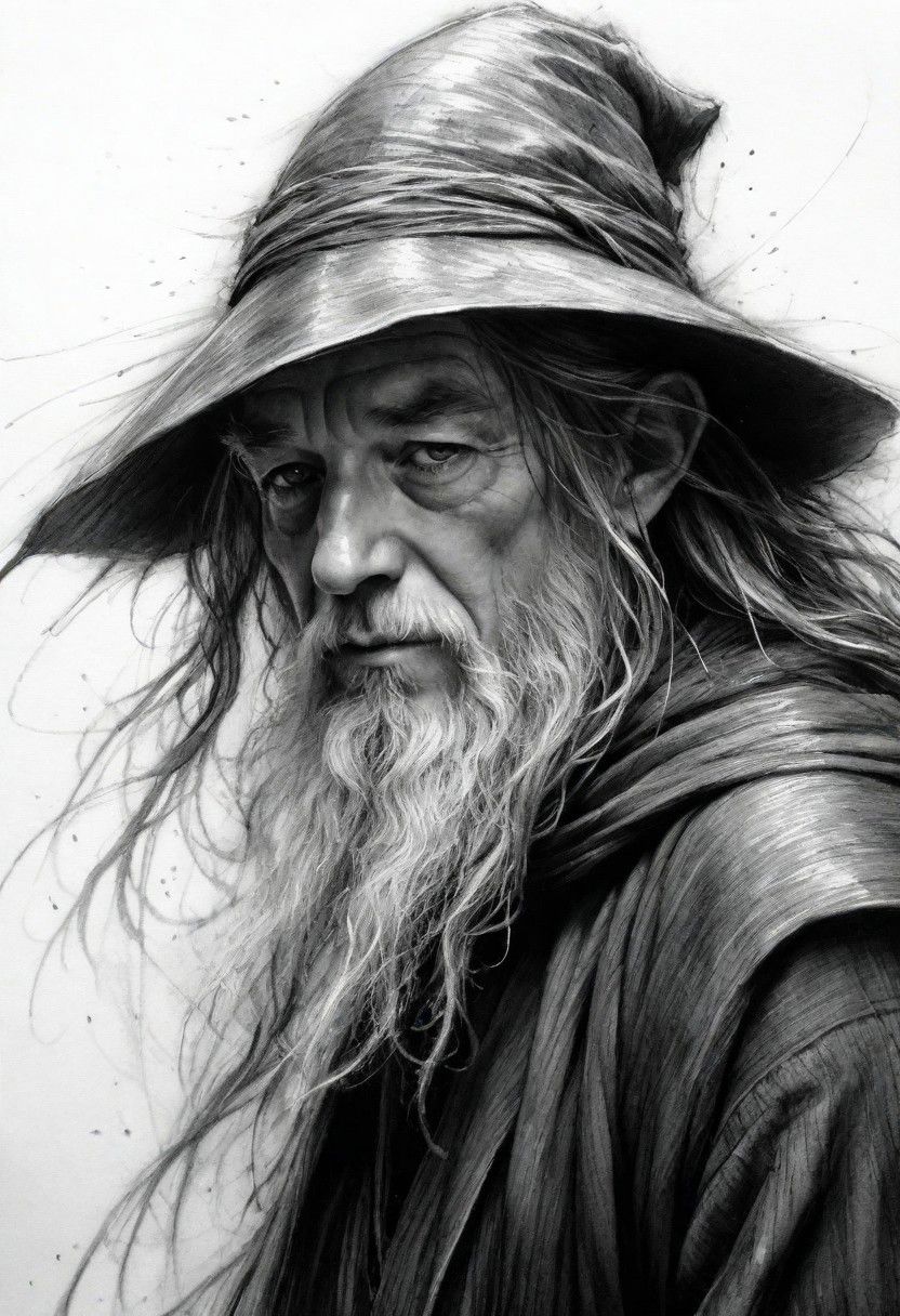 sketch artsyle, charcoal lines, strong blacks, highly detailed linework reminiscent of Carne Griffiths, imbued with Wadim Kashim's texture, light and airy as Carl Larsson's compositions, Gandalf the Grey, motion, wind, heavy rain, featuring Pascal Blanche-style hyper-realistic characters, pastel, elegance, dramatic lighting, greyscale, expressive camera angle, matte, concept art, linquivera