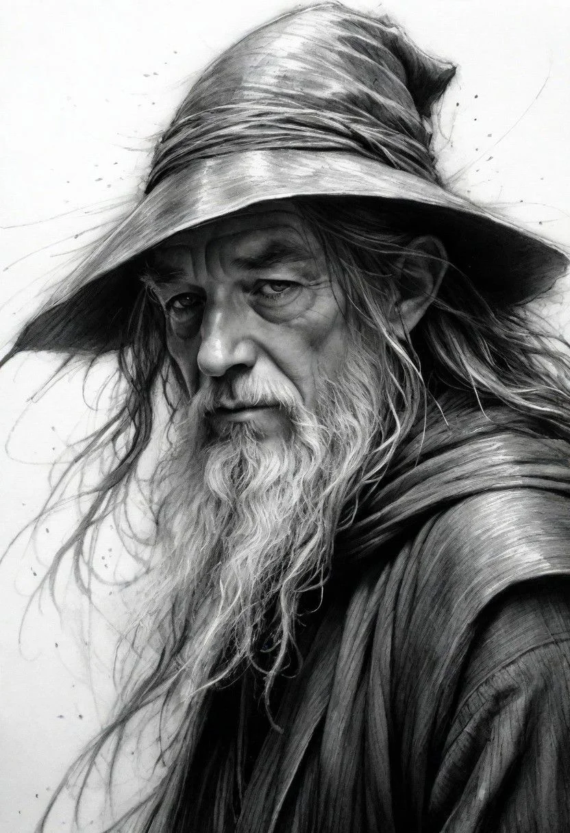 sketch artsyle, charcoal lines, strong blacks, highly detailed linework reminiscent of Carne Griffiths, imbued with Wadim Kashim's texture, light and airy as Carl Larsson's compositions, Gandalf the Grey, motion, wind, heavy rain, featuring Pascal Blanche-style hyper-realistic characters, pastel, elegance, dramatic lighting, greyscale, expressive camera angle, matte, concept art, linquivera