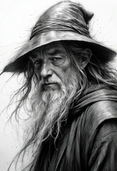 sketch artsyle, charcoal lines, strong blacks, highly detailed linework reminiscent of Carne Griffiths, imbued with Wadim Kashim's texture, light and airy as Carl Larsson's compositions, Gandalf the Grey, motion, wind, heavy rain, featuring Pascal Blanche-style hyper-realistic characters, pastel, elegance, dramatic lighting, greyscale, expressive camera angle, matte, concept art, linquivera