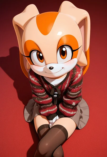 solo, crocheted sweater, cream the rabbit, sitting, legs crossed, thighhighs, skirt, from above, smile, looking at viewer
