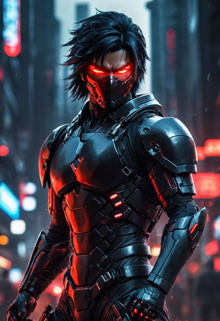 japanese man, black hair, glowing red eyes, blurry, cyber ninja, cyberpunk district, lips, nose, realistic, science fiction, solo, full body, fighting pose, action pose, minimal armor, red light armor, mean human shape, bokeh blur, Cinematographic lighting