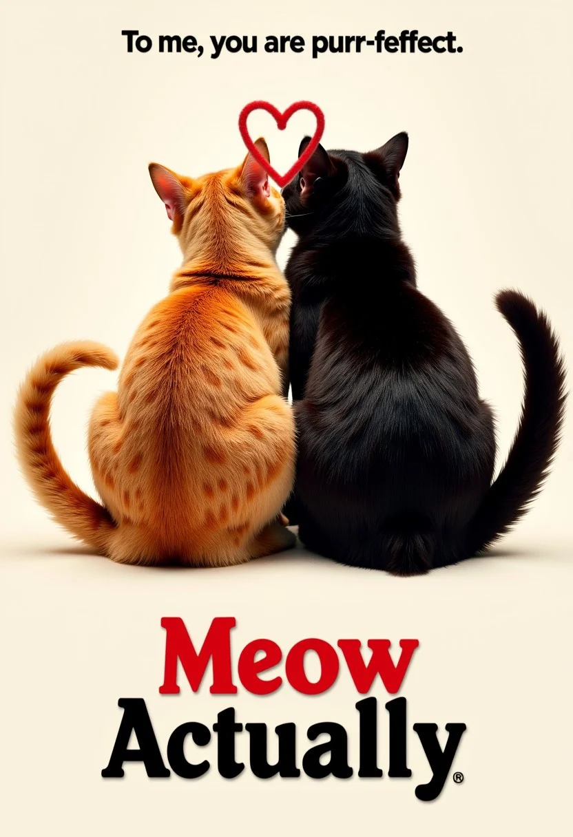 movie poster, Highly detailed analog photo, Back view of two cats cuddling, two cat tails making a heart, At the top of the screen in a text, the text reads in large letters "To me, you are purr-fect.", At the bottom of the screen in a thick beautiful red and black text, the text reads in large letters "Meow Actually",aidmaTextImprover,