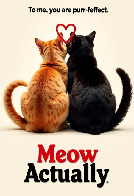 movie poster, Highly detailed analog photo, Back view of two cats cuddling, two cat tails making a heart, At the top of the screen in a text, the text reads in large letters "To me, you are purr-fect.", At the bottom of the screen in a thick beautiful red and black text, the text reads in large letters "Meow Actually",aidmaTextImprover,
