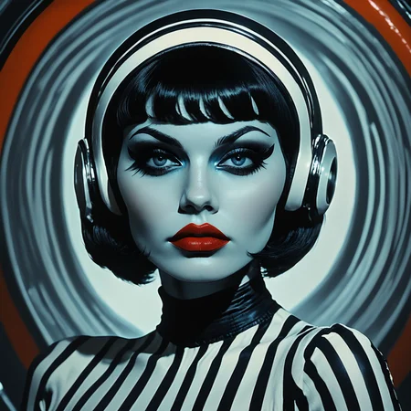 Score_9, score_8_up, score_7_up, score_6_up, BREAK <lora:Abstract_Retro_Future_MoviePony:1> ArsMovieStill, Movie still from an abstract retro future movie, The image is a portrait of a woman's face. She is wearing a black and white striped top and has a large circular headpiece on her head. The headpiece is made of orange earphones and covers her ears. The woman's hair is styled in a short bob with bangs and her makeup is dramatic with dark eyeliner and red lipstick. The background is a striped pattern in shades of blue and white. The overall mood of the image is futuristic and edgy., 1girl, solo, black hair, makeup, portrait, short hair, lipstick, red lips, colored skin, looking at viewer