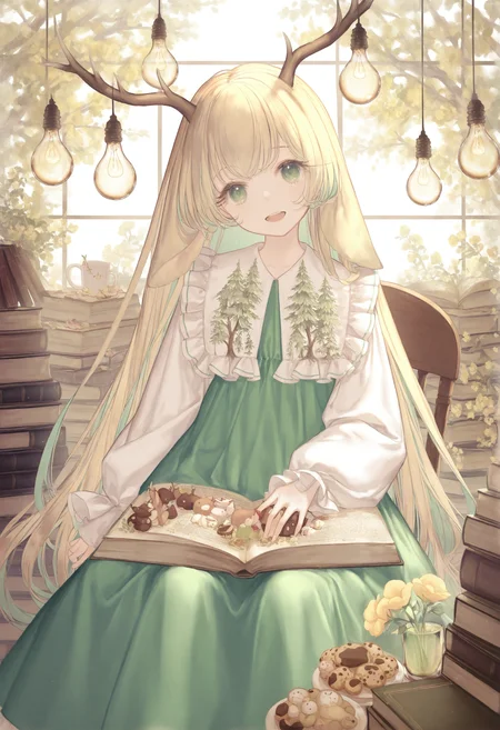 <lora:myc1_noob1.1-000189:0.9>,book, 1girl, horns, green eyes, antlers, flower, long hair, holding, animal ears, solo, cup, blonde hair, sitting, open mouth, deer ears, looking at viewer, open book, book stack, food, hat, plant, frills, green skirt, multicolored hair, dress, green dress, deer girl, yellow flower, tree, window, teeth, green hair, cookie, holding book, light bulb, chair, head tilt, stuffed toy, indoors, smile, colored inner hair, mug, very long hair,
masterpiece,best quality,newest,absurdres,highres,very awa,