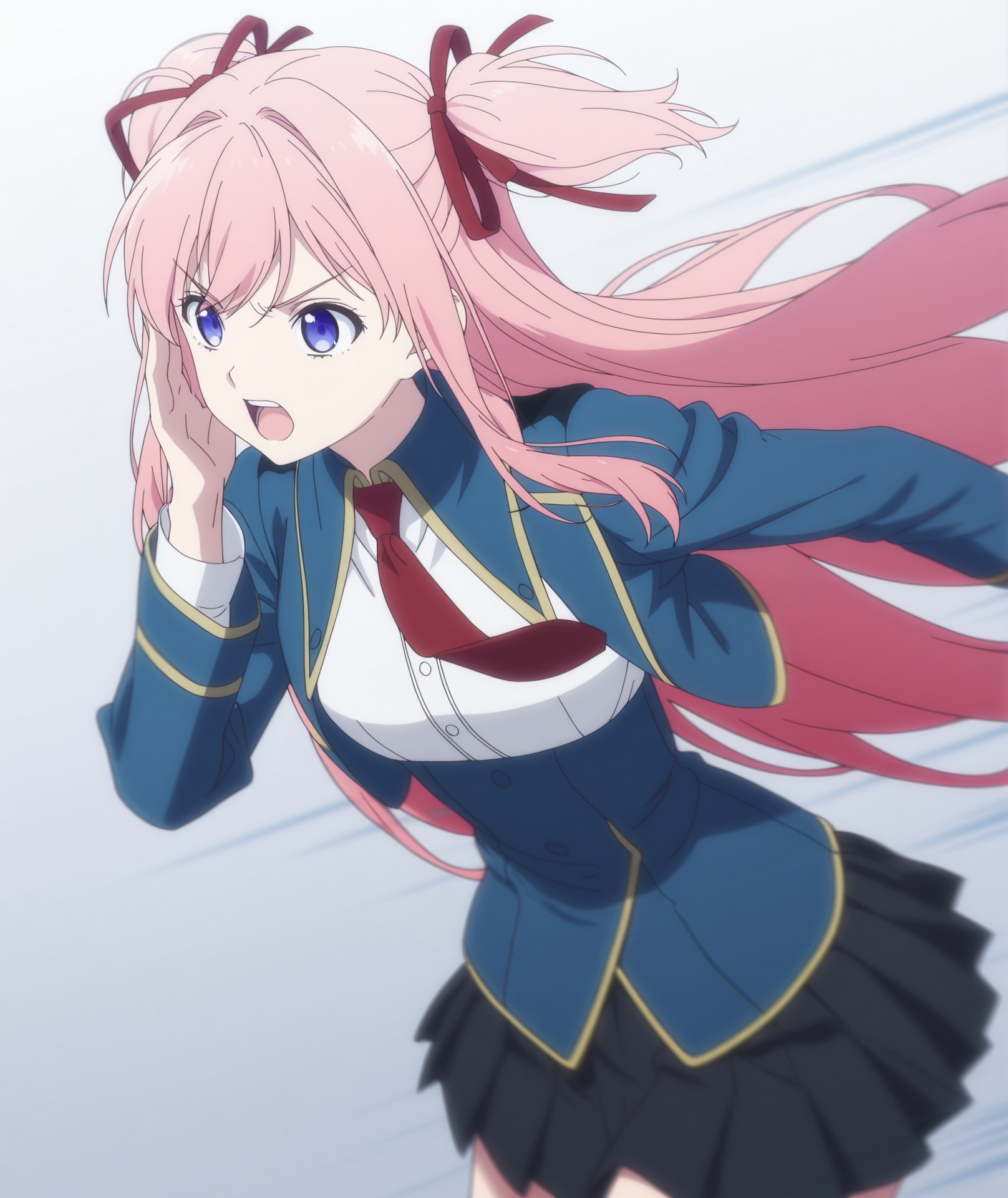 highres, absurdres, hi res, best quality, masterpiece, 2d, intricate details, 4k, anime coloring, elegant, digital painting, highly detailed, artstation, sharp focus, illustration,
1girl, solo, female, long hair, bangs, blue eyes, blonde hair, ribbon, very long hair, purple eyes, hair ribbon, pink hair, red ribbon, two side up, 
skirt, shirt, long sleeves, school uniform, jacket, white shirt, pleated skirt, necktie, black skirt, blue jacket, red necktie,
cowboy shot, upper body, 
white background, gradient background, 
blurry, motion blur, motion lines, focus blur, depth of field, <lora:Lilia_Kudelfate_(Character)_ILXL:1>