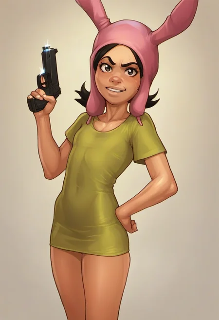 source_cartoon, rating_safe, <lora:Louise_Belcher_for_PonyXL:0.9>, louise_belcher, green dress, flat chest, short sleeves, standing, looking at viewer, holding a pistol, pointing pistol at viewer, score_9, score_8_up, score_7_up, score_6_up, score_5_up, score_4_up