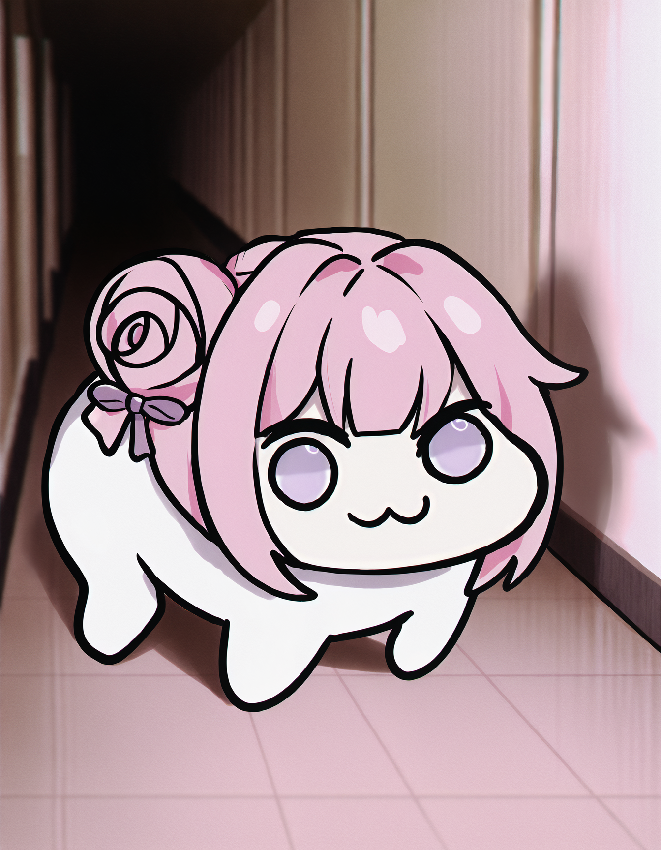 chromatic aberration, film grain, photo-referenced,   liminarity,  doro, \:3, chibi, no humans, solid circle eyes, no pupils, white skin, all fours, creature, pink hair, purple eyes, single side bun, hair bow, standing,  hallway, horror \(theme\),  masterpiece, best quality, 8k, absurdres, very aesthetic <lora:ChamIllustriousBackgroundEnhancer:1> <lora:doro_xypher_ixl_v1:1>