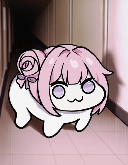 chromatic aberration, film grain, photo-referenced, liminarity, doro, \:3, chibi, no humans, solid circle eyes, no pupils, white skin, all fours, creature, pink hair, purple eyes, single side bun, hair bow, standing, hallway, horror \(theme\), masterpiece, best quality, 8k, absurdres, very aesthetic <lora:ChamIllustriousBackgroundEnhancer:1> <lora:doro_xypher_ixl_v1:1>