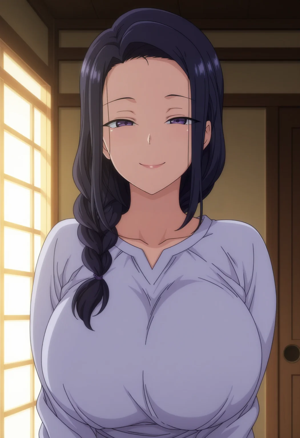 1girl,solo,mm,mature female,black hair,long hair,braid,purple eyes,large breasts,anime coloring,
shirt,upper body, looking at viewer, smile,indoors
,masterpiece,best quality,amazing quality,<lora:Tsubaki_Miyajima-Saimin_Seishidou_ix:0.8>