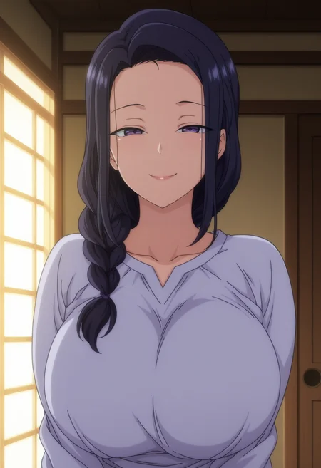 1girl,solo,mm,mature female,black hair,long hair,braid,purple eyes,large breasts,anime coloring,
shirt,upper body, looking at viewer, smile,indoors
,masterpiece,best quality,amazing quality,<lora:Tsubaki_Miyajima-Saimin_Seishidou_ix:0.8>