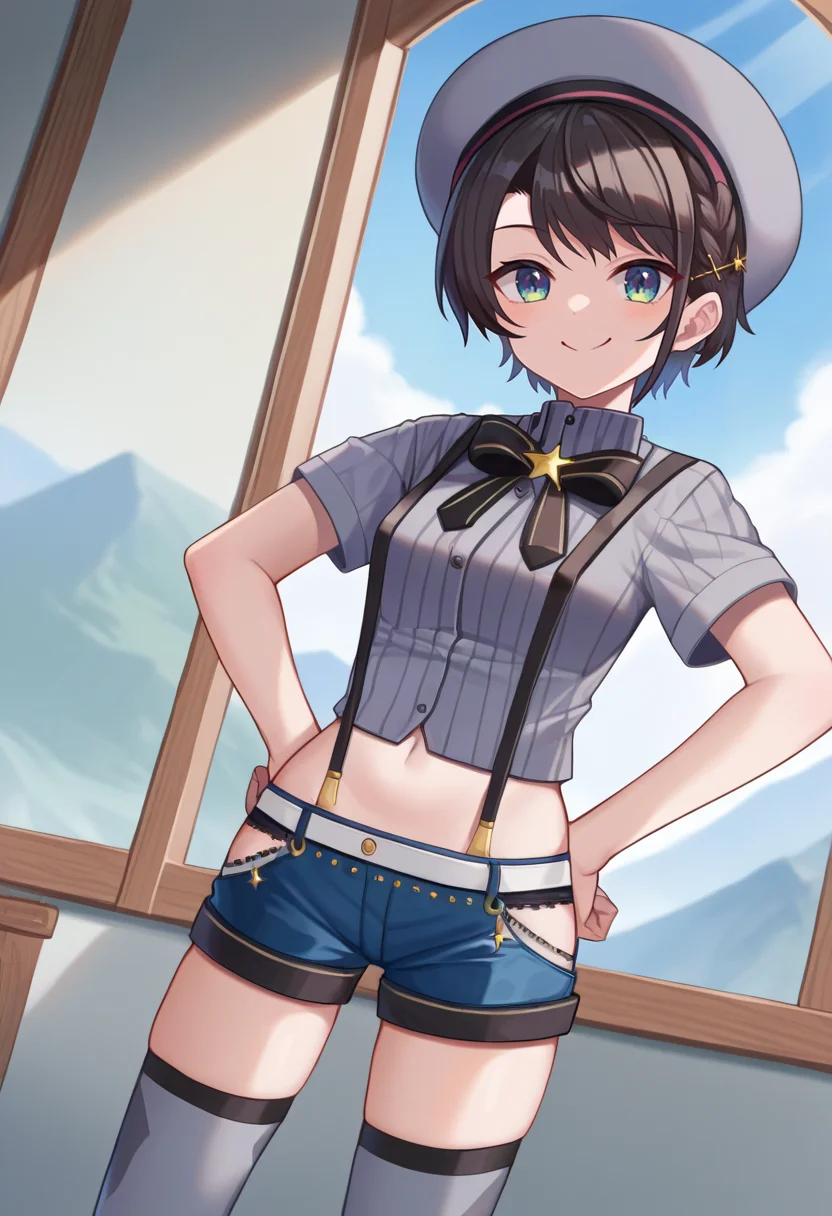 score_9, score_6_up, source_anime, 1girl, solo, standing, indoors, window, mountain, subaru_work, french braid, grey shirt, suspenders, black bowtie, blue shorts, midriff, grey headwear, grey thighhighs, smile, hands on hips <lora:shubashubaXL-05:1>