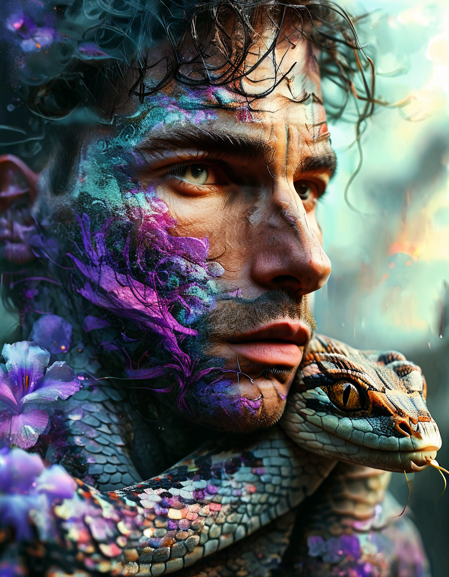 high quality, ultra detailed, colorful, abstract, fantasy, bo-abstract, bo-abyss, a highly detailed digital artwork featuring a close-up of a men face and a snake, the subject's skin is pale, with a smooth texture that resembles scales, and the snake's head is intricately detailed, with its head facing towards the viewer, its eyes are large and expressive, with vivid purple irises and long, dark eyelashes, giving it a mystical, almost ethereal appearance, the eyes are surrounded by a shimmering, iridescent quality, suggesting a magical or otherworldly quality, the background is a soft, gradient of light purple and white, creating a dreamy, ethereal atmosphere, the texture of the scales is smooth and glossy, reflecting light and creating a sense of depth, the overall style is highly realistic with a touch of fantasy, blending elements of realism and fantasy art, the artwork is rich in detail, capturing the textures of the human skin, the colors are vivid and vivid, enhancing the ethereal and otherworldly feel of the scene, partially blended with abstract digital elements. The scene has a dark, moody ambiance. The background features layers of glitch art, fragmented texts, and metallic textures. contrasting against the monochromatic tones of black, grey, and hints of red. Smudged paint and scratches add a sense of decay and technology,