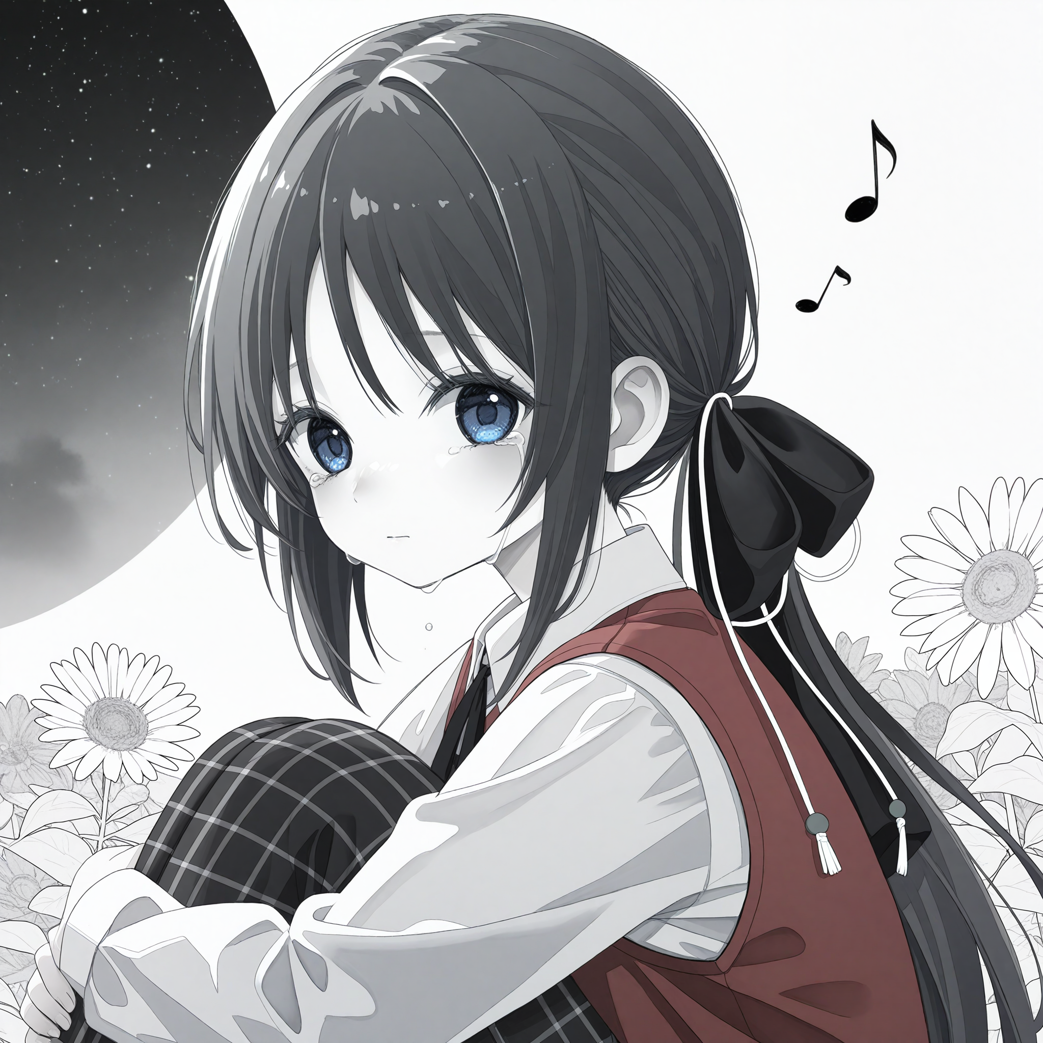 <lora:osetoiro_art_n16c16_nai_loha:1.1>,osetoiro art,greyscale,
<lora:Tortinita_Fine_1_nai-000027:1>,Tortinita Fine,ponytail,hair bow,black bow,hair ornament,blue eyes,
red vest,white shirt,collared shirt,long sleeves,black neck ribbon,dress vest,plaid skirt,
1girl,solo,looking at viewer,hugging own legs,from side,streaming tears,flower,musical note,