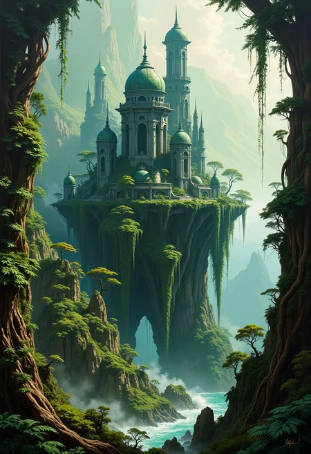 masterpiece, oil painting of a ruined, abandoned alien cityscape raising out of a lush, misty jungle, featuring damaged towers and domes, overgrown with vines, trees, ivy,