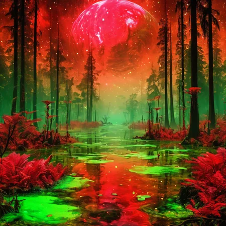 masterpiece,high resolution.
,alienworld,
forest,acid water,red and green theme
, <lora:Alien_World-xl-8:0.6>,