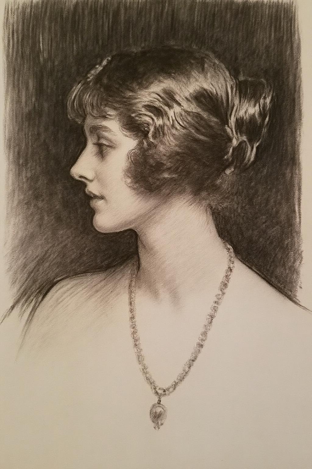 johnss1 charcoal drawing. 
charcoal drawing of a young woman's profile from the early 20th central. The artwork showcases a side view of the subject, with her face turned.Her hair is styled in soft, wavy curls, elegantly pinned up at the back, with a few strands framing her face. The background is shaded and textured, creating a striking contrast that highlights her refined features.
 <lora:johnss1_cap_d6a3e12:1.0><lora:824330814251771074:0>