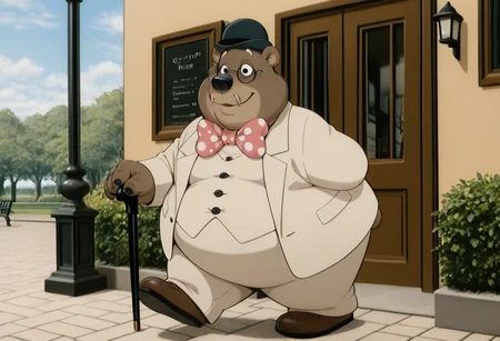 masterpiece, best quality, amazing quality, high resolution, absurdres, newest, Gr4fton,1boy, solo, smile, bear, no humans, polka dot bowtie, cane, shoes, furry male, standing, white outfit, glasses, bowler hat, white moustache, fat, looking at viewer, walking, park <lora:Grafton_the_Lawyer_Alfred_J_Kwak:.9> <lora:NOOB_vp1_detailer_by_volnovik_v1:1>