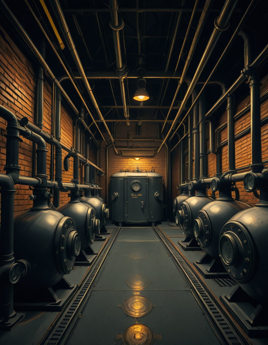 A highly detailed and realistic photograph of an industrial boiler room filled with large metal boilers, complex pipe systems, and pressure gauges. The room is dimly lit with a mix of warm yellow lighting from overhead industrial lamps and cool blue reflections from metallic surfaces. The air is slightly hazy with steam escaping from some of the pipes. The floor is made of reinforced concrete with visible stains from oil and water. Various control panels with blinking LED indicators and warning signs are mounted on the walls. The atmosphere is rugged and mechanical, evoking a sense of power and industrial efficiency. The depth of field is sharp, capturing intricate details such as rust on old pipes, the texture of the metal surfaces, and the labels on the control panels. The composition emphasizes symmetry, with pipes and machinery creating a structured, almost futuristic aesthetic.
<lora:SDXLFaeTastic2400:0.4> <lora:extremely_detailed:0.4> extremely detailed, <lora:industrial_boiler_room-i:1>,industrial b01l3r r00m, Masterpiece,best quality,hi res,8k,hi res,8k,award winning,(sharp focus, intricate, highly detailed),