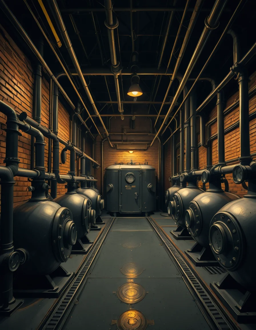 A highly detailed and realistic photograph of an industrial boiler room filled with large metal boilers, complex pipe systems, and pressure gauges. The room is dimly lit with a mix of warm yellow lighting from overhead industrial lamps and cool blue reflections from metallic surfaces. The air is slightly hazy with steam escaping from some of the pipes. The floor is made of reinforced concrete with visible stains from oil and water. Various control panels with blinking LED indicators and warning signs are mounted on the walls. The atmosphere is rugged and mechanical, evoking a sense of power and industrial efficiency. The depth of field is sharp, capturing intricate details such as rust on old pipes, the texture of the metal surfaces, and the labels on the control panels. The composition emphasizes symmetry, with pipes and machinery creating a structured, almost futuristic aesthetic.
<lora:SDXLFaeTastic2400:0.4> <lora:extremely_detailed:0.4> extremely detailed, <lora:industrial_boiler_room-i:1>,industrial b01l3r r00m, Masterpiece,best quality,hi res,8k,hi res,8k,award winning,(sharp focus, intricate, highly detailed),
