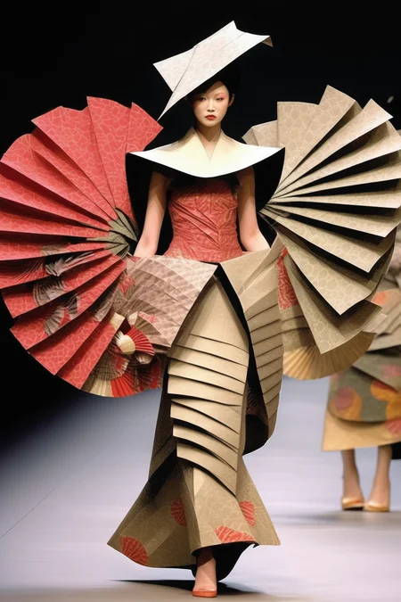 <lora:Avant-garde Fashion:1>Avant-garde Fashion - Model walking fashion catwalk, wearing sculptural origami paper fans, folded paper fans hat, traditional japanese patterns