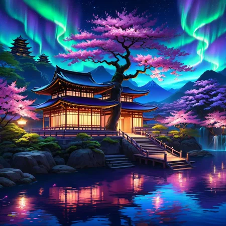 night, stars, Northern lights, Japanese estate, ancient Asian city, waterfalls, Japanese ancient royal purple palace, floating islands, Lotus Pier, blooming magic lotuses in the water, blooming sakura, wisteria, neon anime art, realistic, HD, 8K