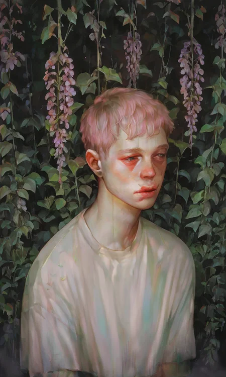 score_9, score_8_up, score_7_up, score_6_up, score_5_up, score_4_up, xhxix style, a man with long pink hair, in a wisteria forest, portrait, half body shot, white shirt