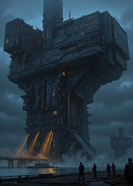 <lora:ck-Sci-Fi-Concepts:0.7>, in the style of ck-sfc, Visualize Artemis Station as an bandit outpost, their dark metallic surfaces glistening with condensation from the stormy sea. Intricate, glowing lines of orange and blue lights, hinting at the advanced technology within. The lighting is vibrant and eerie, with occasional beams piercing through from docking bays, casting long, dramatic shadows. The camera is set at ground level, looking up at the overwhelming scale of the station, emphasizing its imposing and mysterious nature. no humans.
<lora:flux.1_lora_flyway_Epic-detail_v2:0.6>
<lora:CPA:0.5>
<lora:BLUE_mk4_angel_FLUX_01:0.30>