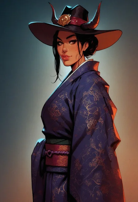 score_9, score_8_up, score_7_up, BREAK,
1girl, beautiful asian woman, dynamic angle, sexy,  demon horns, kimono robe , cowboy hat,
